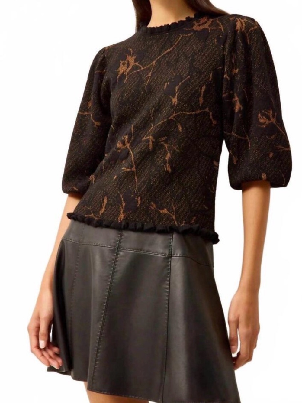 Marie Oliver Yardley Top Nightgold Black and Gold Puff-Sleeve Knit Top Small NEW